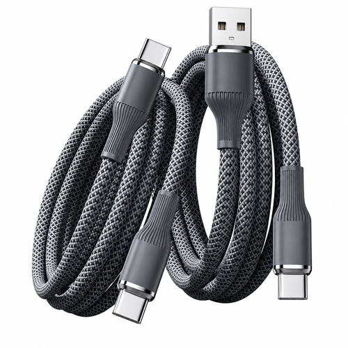100W Fast Charging Type-C Braided Cable, PD Super Fast Charger Cord (1m / 1.5m / 2m) for Type-C Smartphones - Black