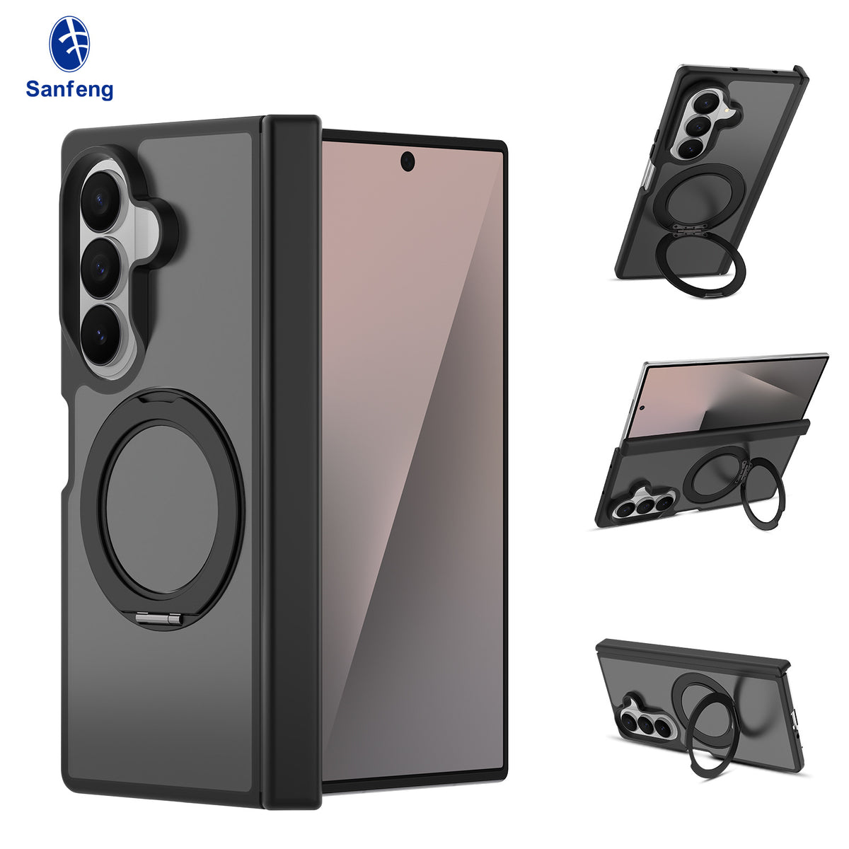 Sanfeng Magnetic Case Compatible with Samsung Galaxy Fold, 360-Degree Rotating Ring Stand Anti-Drop Matte Silicone Protective Cover