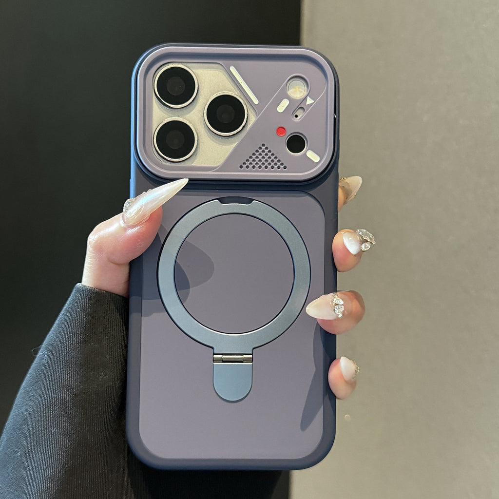 Magnetic Kickstand Matte Phone Case with Mecha Lens Frame for iPhone 17 Pro Max, 17, 16, 15, 14, 13, Shockproof Hard PC Cover