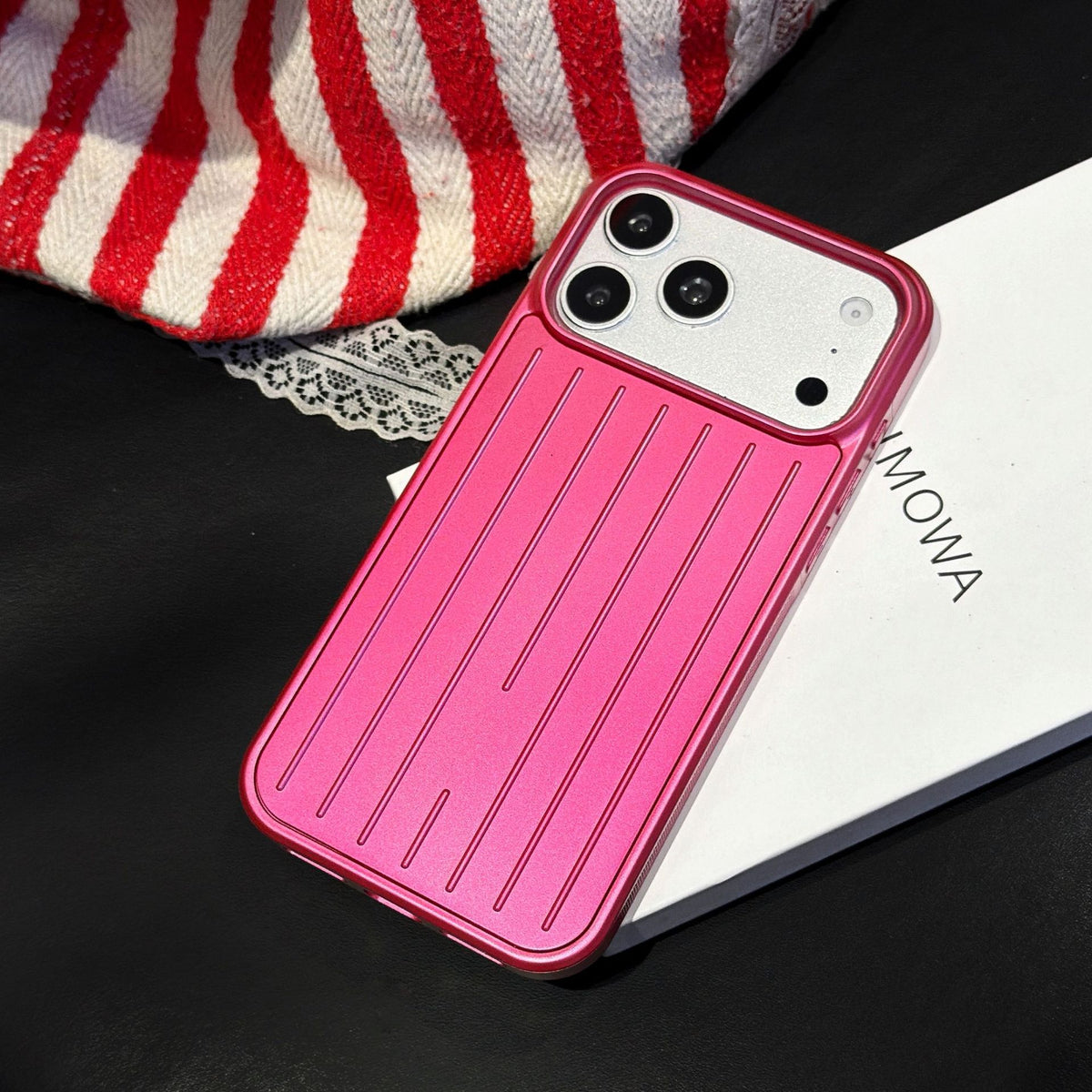 Metallic Stripe Suitcase Hard PC Case for iPhone 16 15 14 13 12 Pro Max Shockproof Anti-Drop Full Cover