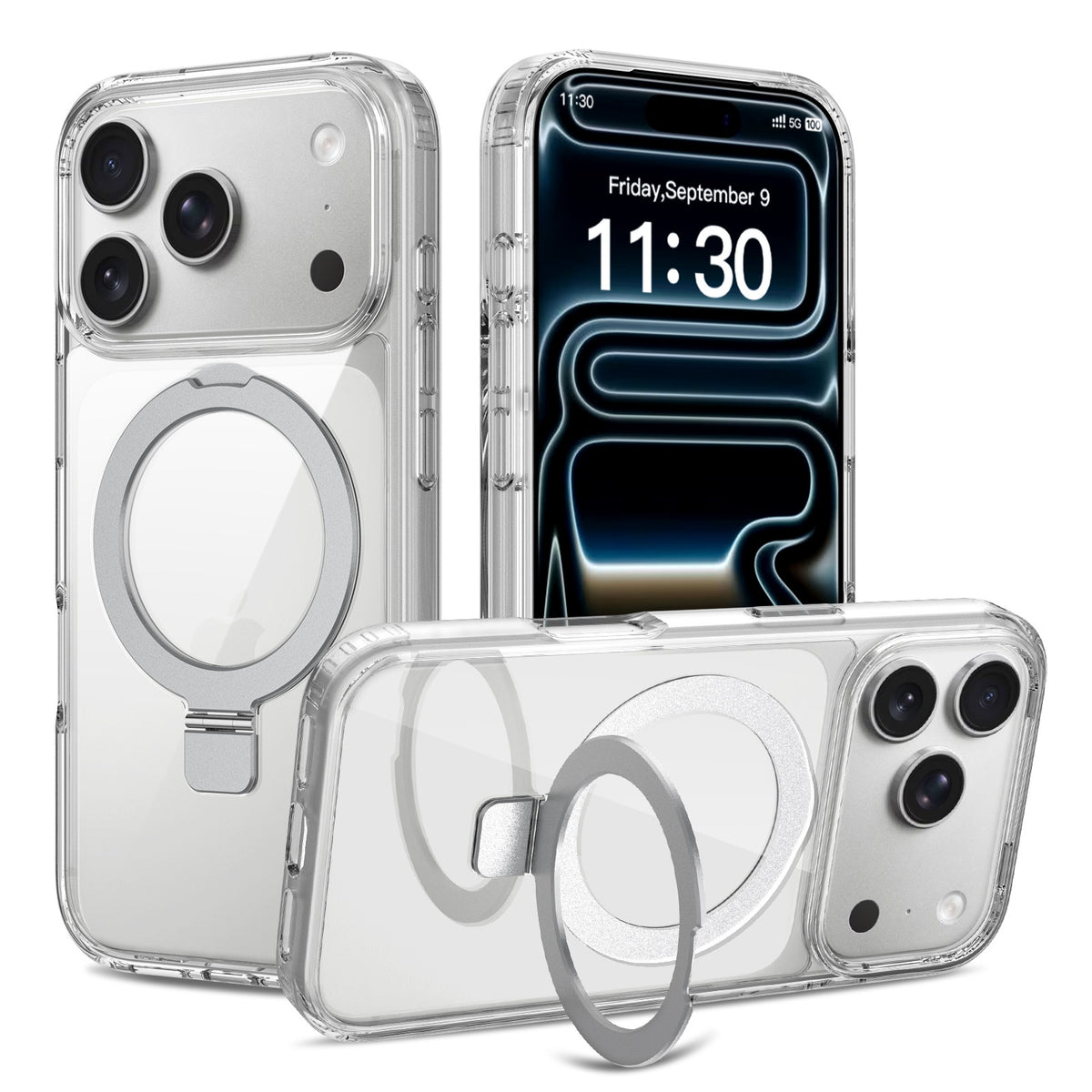 Transparent Magnetic Case with Kickstand for iPhone 17 Series, Shockproof Airbag TPU Cover with Anti-Fingerprint Finish (Clear + Orange)