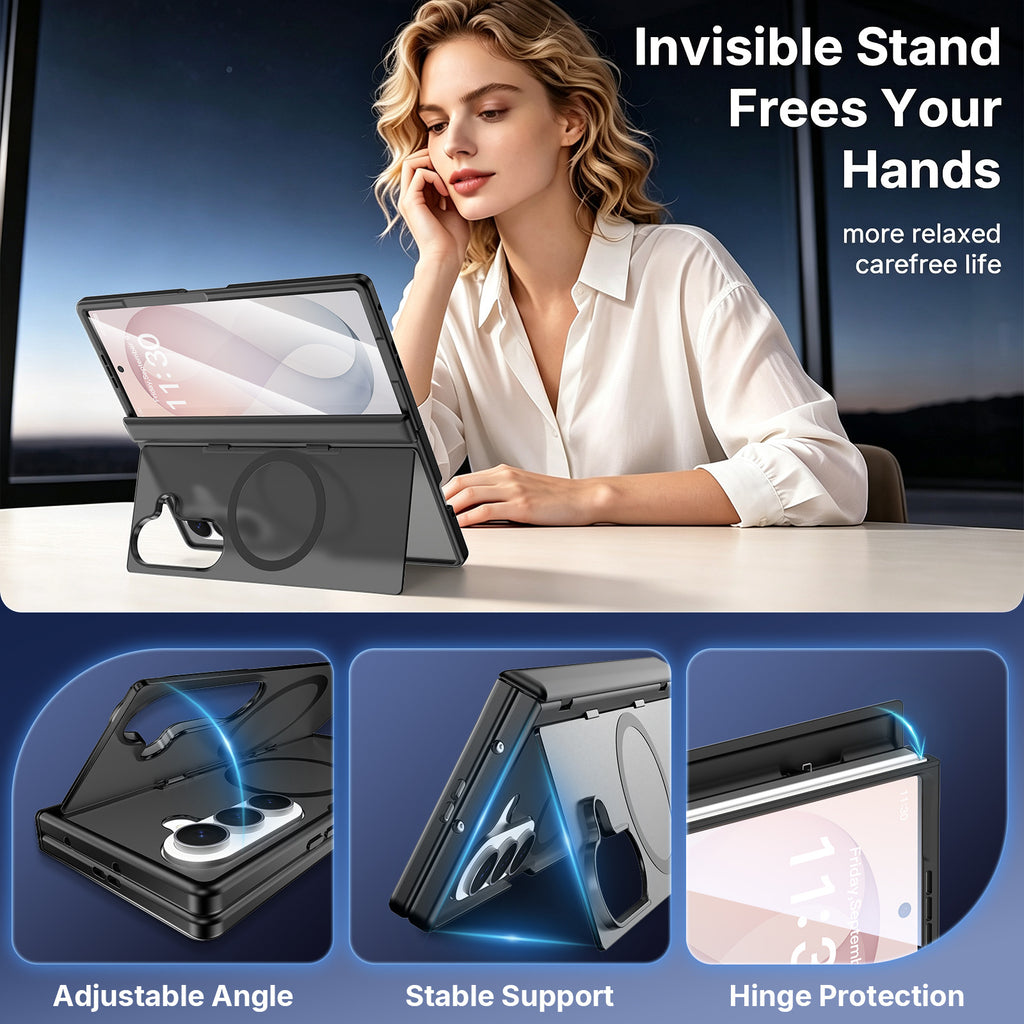 Magnetic Foldable Phone Case for Samsung Galaxy Z Fold with Built-in Spring Kickstand, Shockproof Silicone Protective Cover