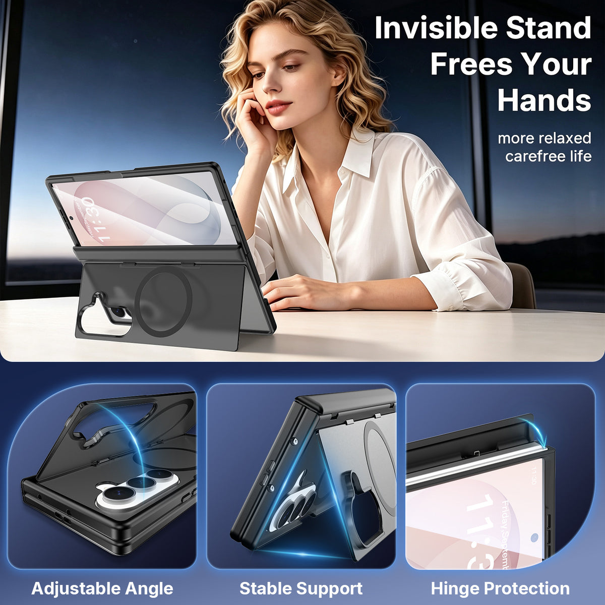 Magnetic Foldable Phone Case for Samsung Galaxy Z Fold with Built-in Spring Kickstand, Shockproof Silicone Protective Cover