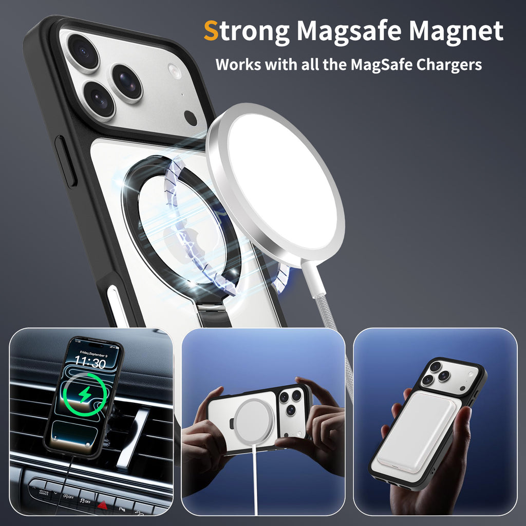 Transparent Magnetic Case with Kickstand for iPhone 17 Series, Shockproof Airbag TPU Cover with Anti-Fingerprint Finish (Clear + Orange)