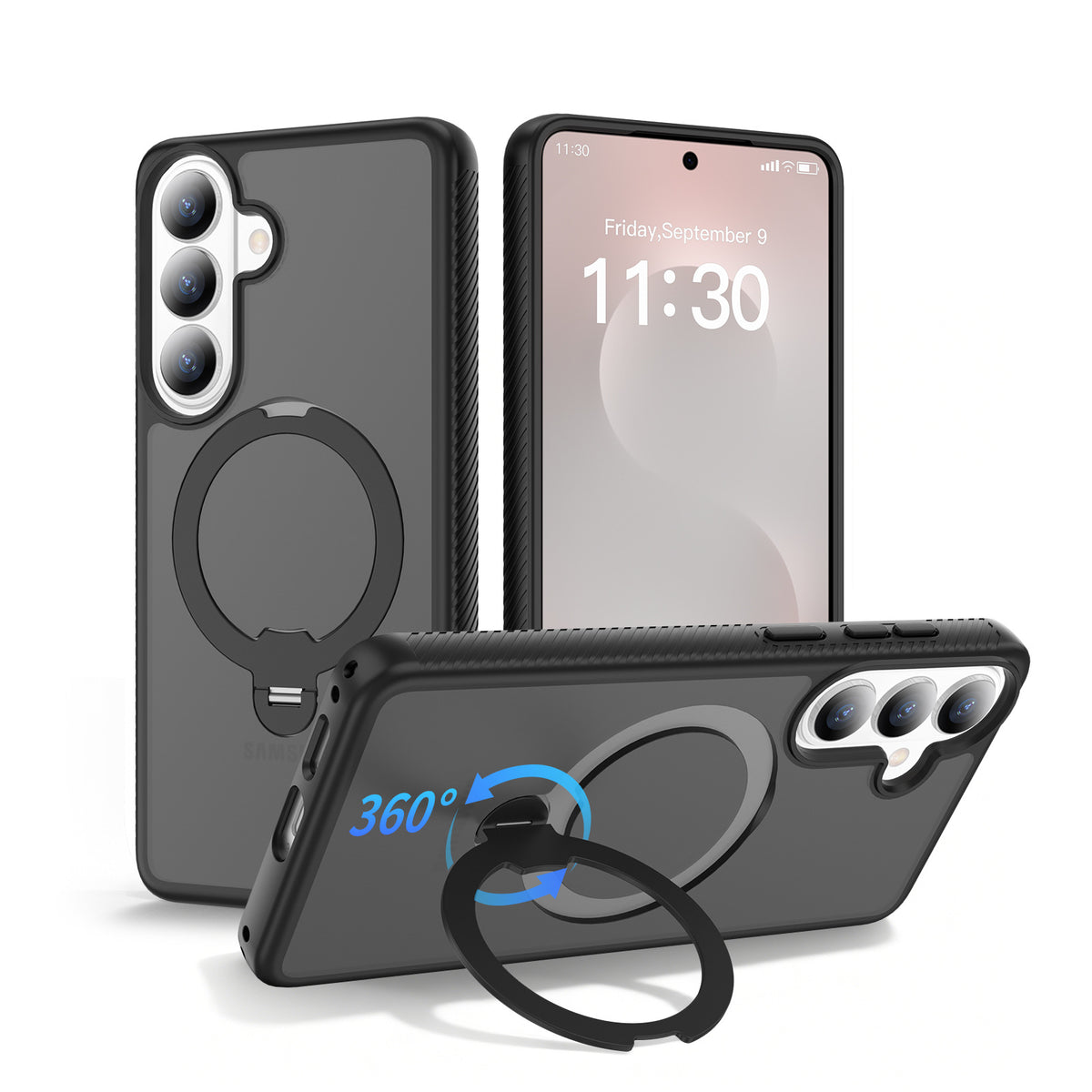 Magnetic Frosted Case with Rotating Ring Stand for Samsung Galaxy S25 S24 S23 Ultra Plus, Anti-Fingerprint Matte TPU Protective Cover