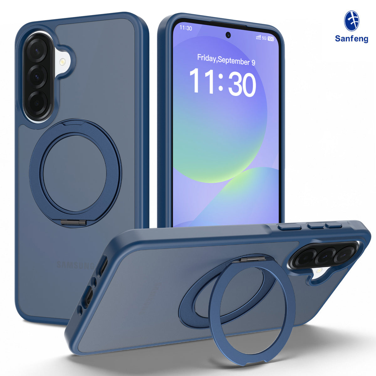 Frosted Magnetic Phone Case with Rotating Ring Stand for Samsung Galaxy, Slim Silicone Protective Cover