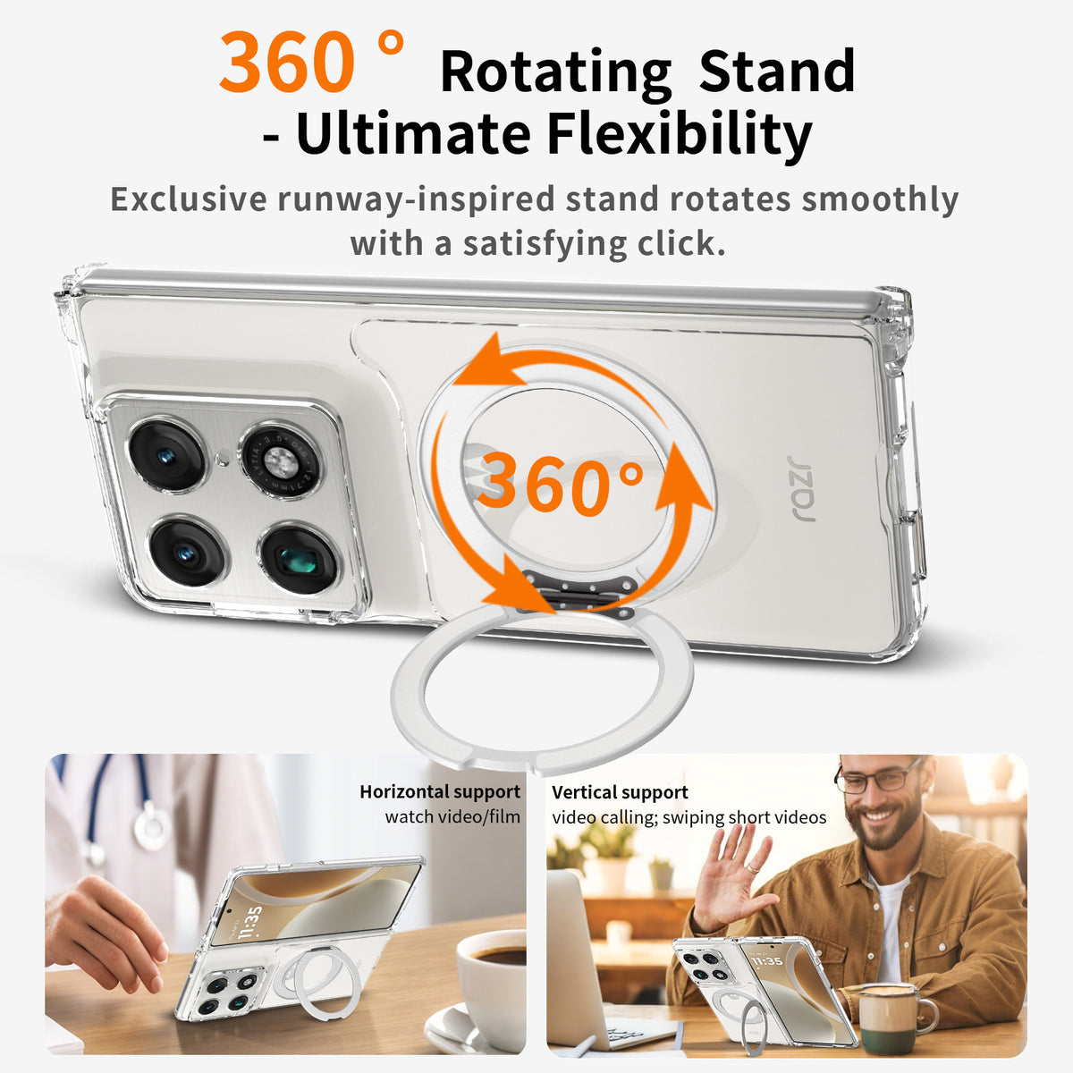 Clear Magnetic Case for Motorola with 360-Degree Rotating Ring Stand, Anti-Fingerprint Transparent Protective Phone Cover