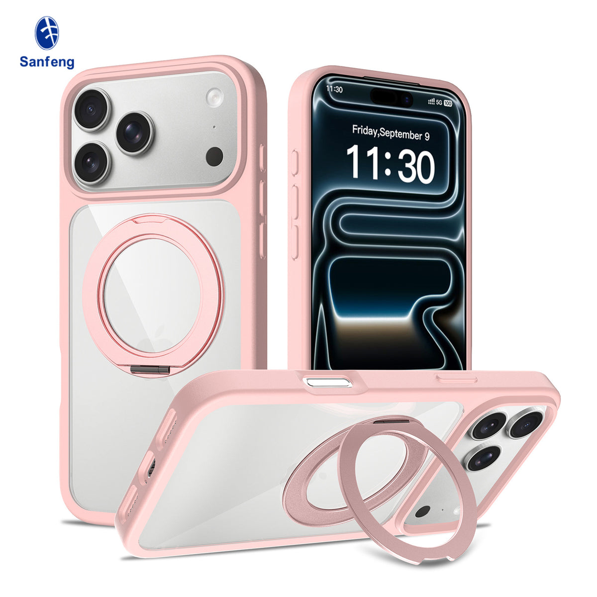 Sanfeng Magnetic Phone Case with 360-Degree Rotating Stand, Shockproof Anti-Fall Protective Cover for iPhone 16 Pro Max & iPhone 17 Series