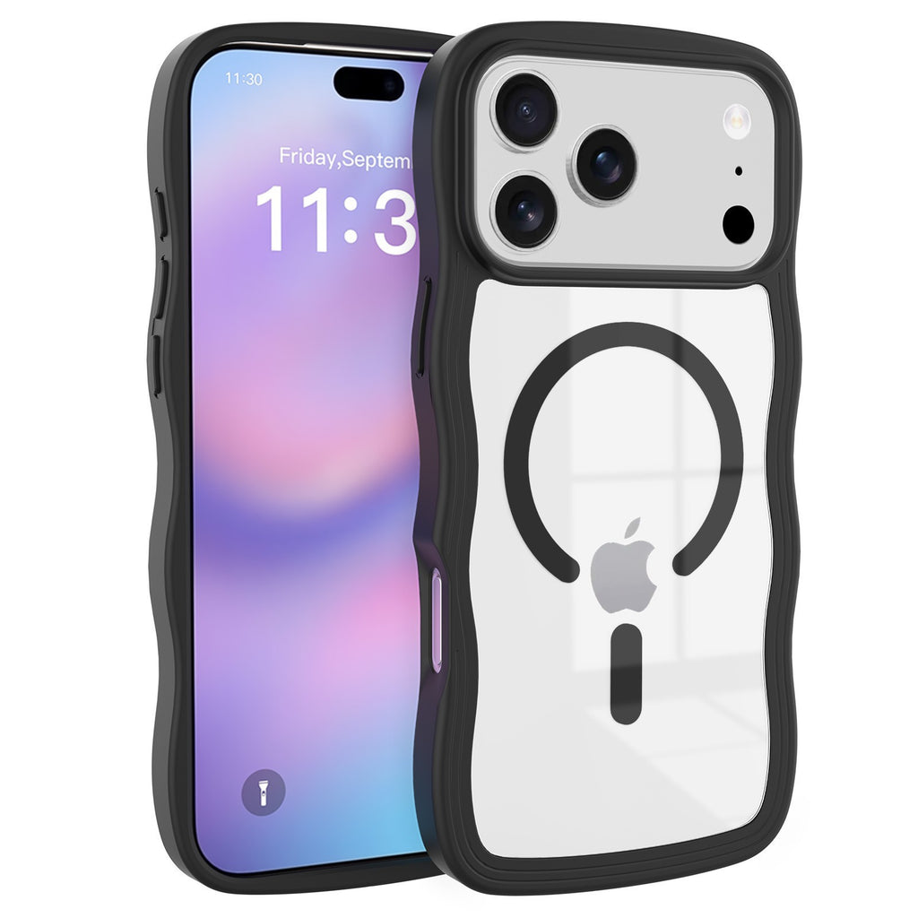 Magnetic Clear Phone Case with Wave Edge Frosted TPU 2-in-1 Protective Back Cover for iPhone 16 15 14 Series
