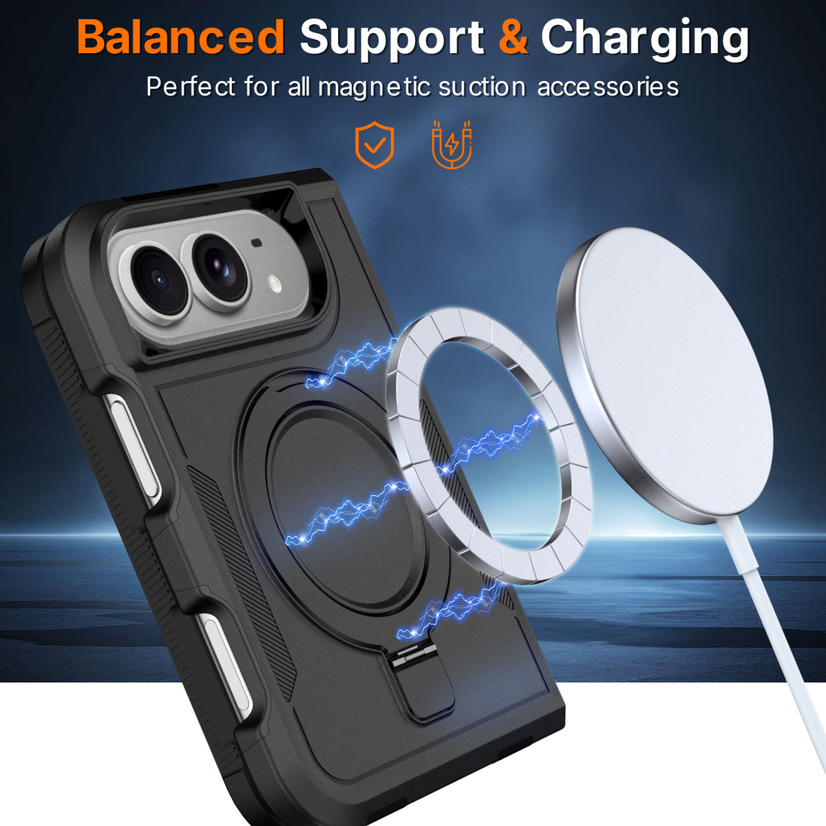 3-in-1 Magnetic Protective Case for iPhone 18 Duo with Built-in Invisible Kickstand, Shockproof Silicone Phone Cover