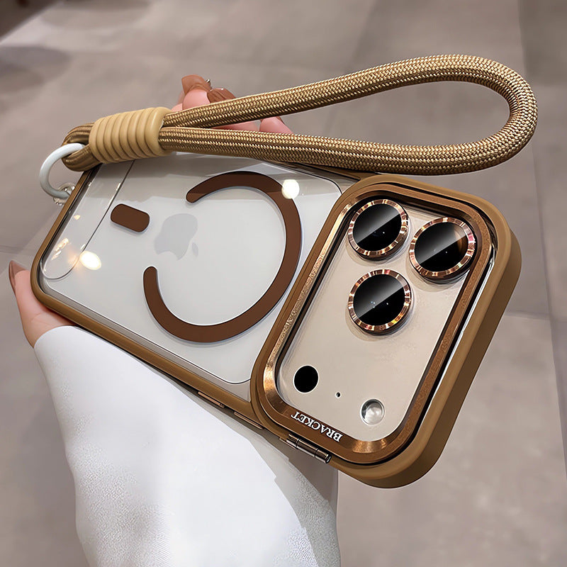 Magnetic Clear Phone Case with Metal Lens Kickstand and Matching Lanyard, Anti-Fingerprint Acrylic Hard Cover for iPhone 16 15 14 13 Series