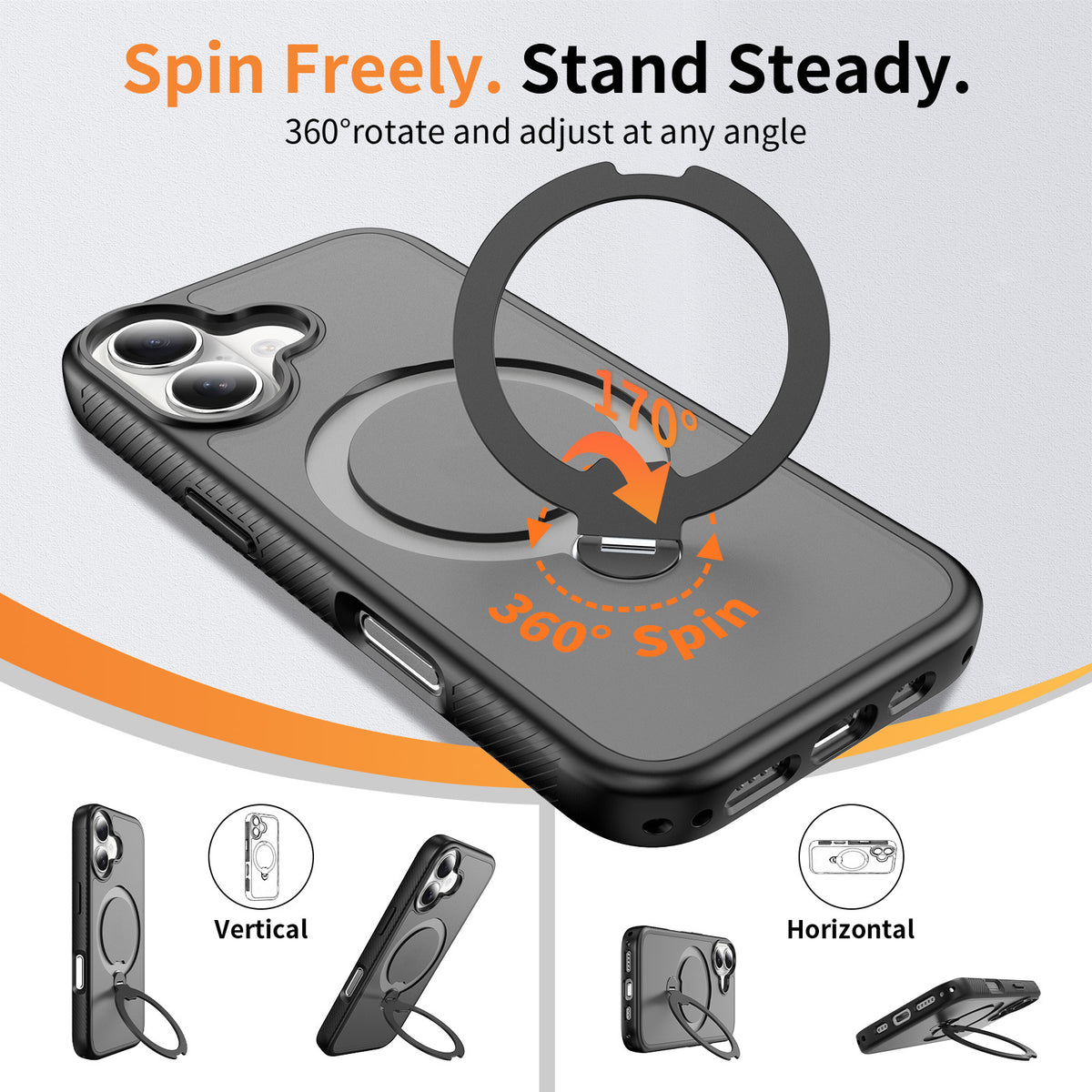 Magnetic Matte Skin-Feel Phone Case with 360-Degree Rotating Stand, Anti-Fall TPU Protective Cover Compatible with iPhone 17 Pro Max, 17 Air, 16, 15