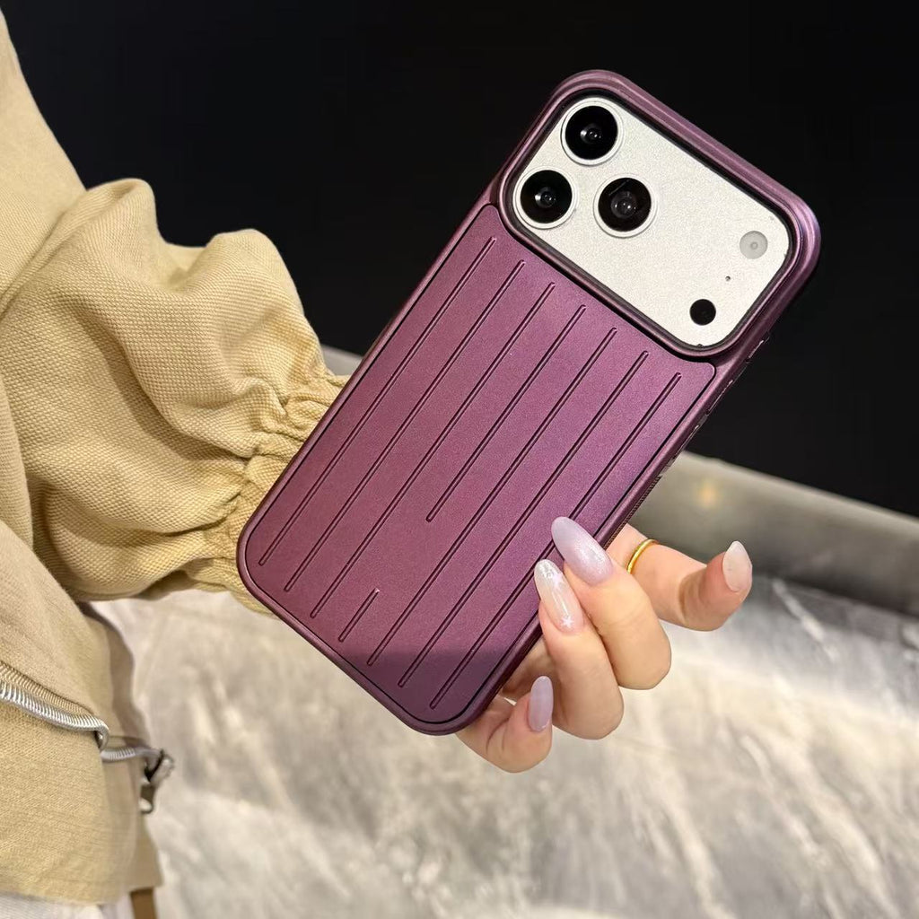 Metallic Stripe Suitcase Hard PC Case for iPhone 16 15 14 13 12 Pro Max Shockproof Anti-Drop Full Cover