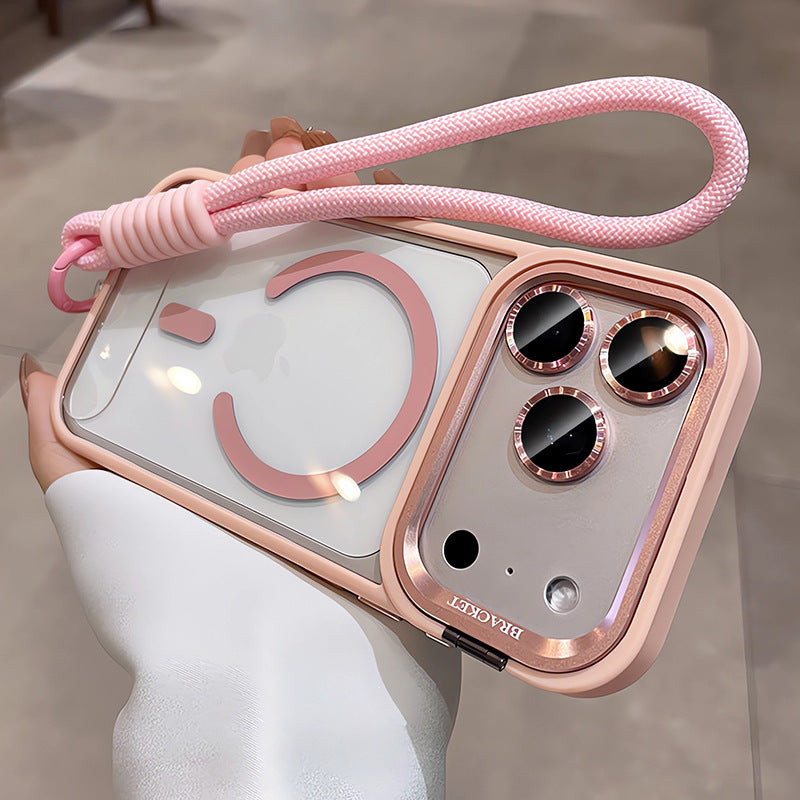 Magnetic Clear Phone Case with Metal Lens Kickstand and Matching Lanyard, Anti-Fingerprint Acrylic Hard Cover for iPhone 16 15 14 13 Series