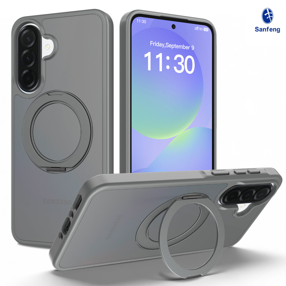 Frosted Magnetic Phone Case with Rotating Ring Stand for Samsung Galaxy, Slim Silicone Protective Cover