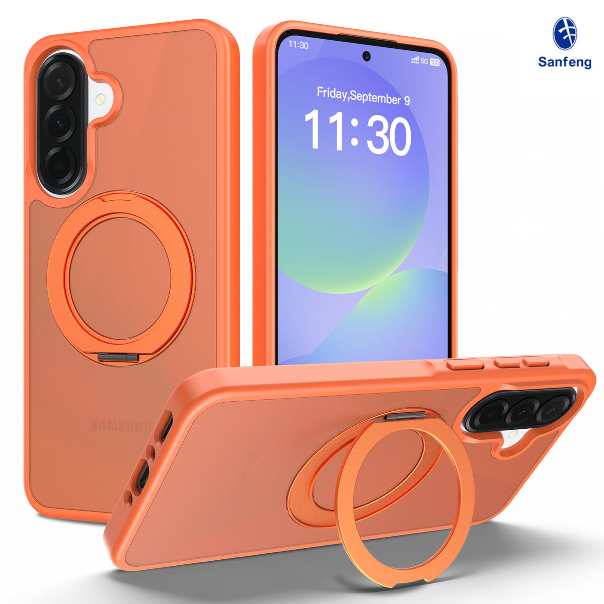 Frosted Magnetic Phone Case with Rotating Ring Stand for Samsung Galaxy, Slim Silicone Protective Cover