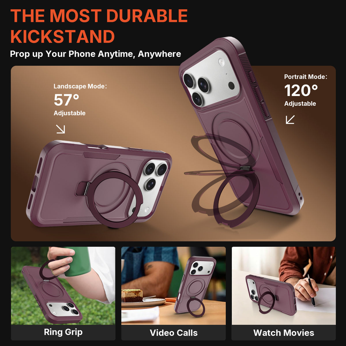 Magnetic Rotating Stand Case for iPhone 15 16 17 18 Pro Max, 2mm TPU Anti-Fall Protective Cover with Invisible Kickstand
