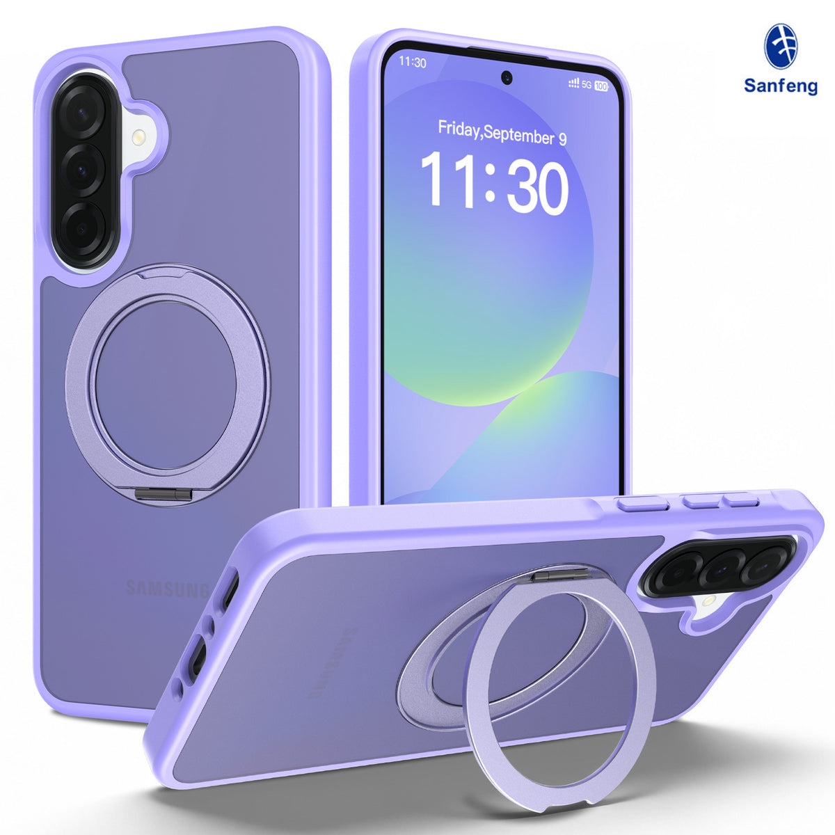 Frosted Magnetic Phone Case with Rotating Ring Stand for Samsung Galaxy, Slim Silicone Protective Cover
