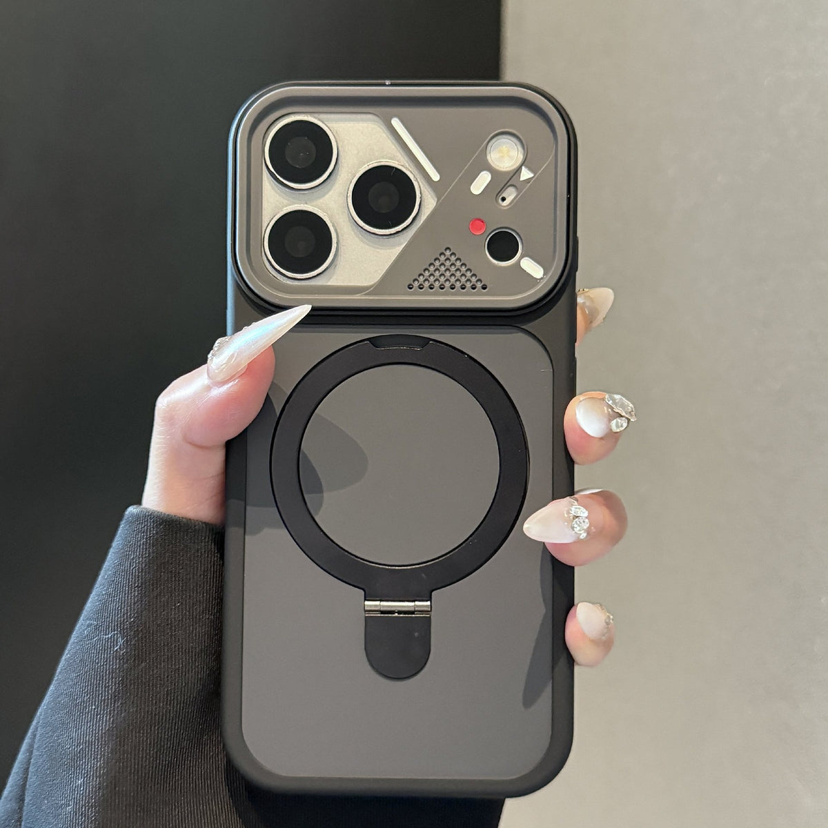 Magnetic Kickstand Matte Phone Case with Mecha Lens Frame for iPhone 17 Pro Max, 17, 16, 15, 14, 13, Shockproof Hard PC Cover