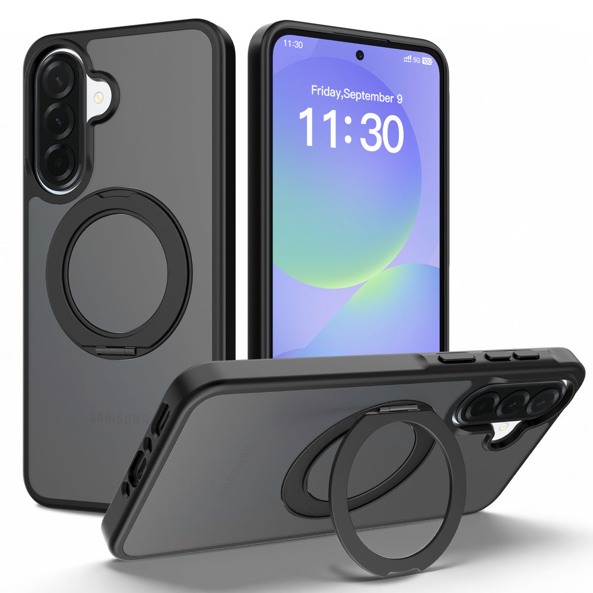 Frosted Magnetic Phone Case with Rotating Ring Stand for Samsung Galaxy, Slim Silicone Protective Cover