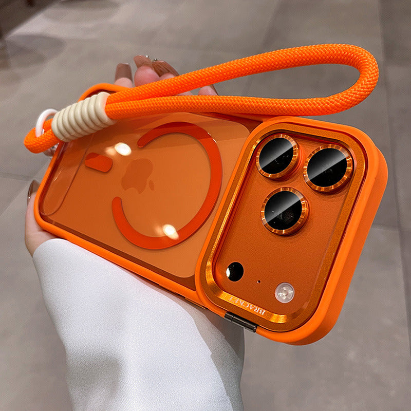 Magnetic Clear Phone Case with Metal Lens Kickstand and Matching Lanyard, Anti-Fingerprint Acrylic Hard Cover for iPhone 16 15 14 13 Series