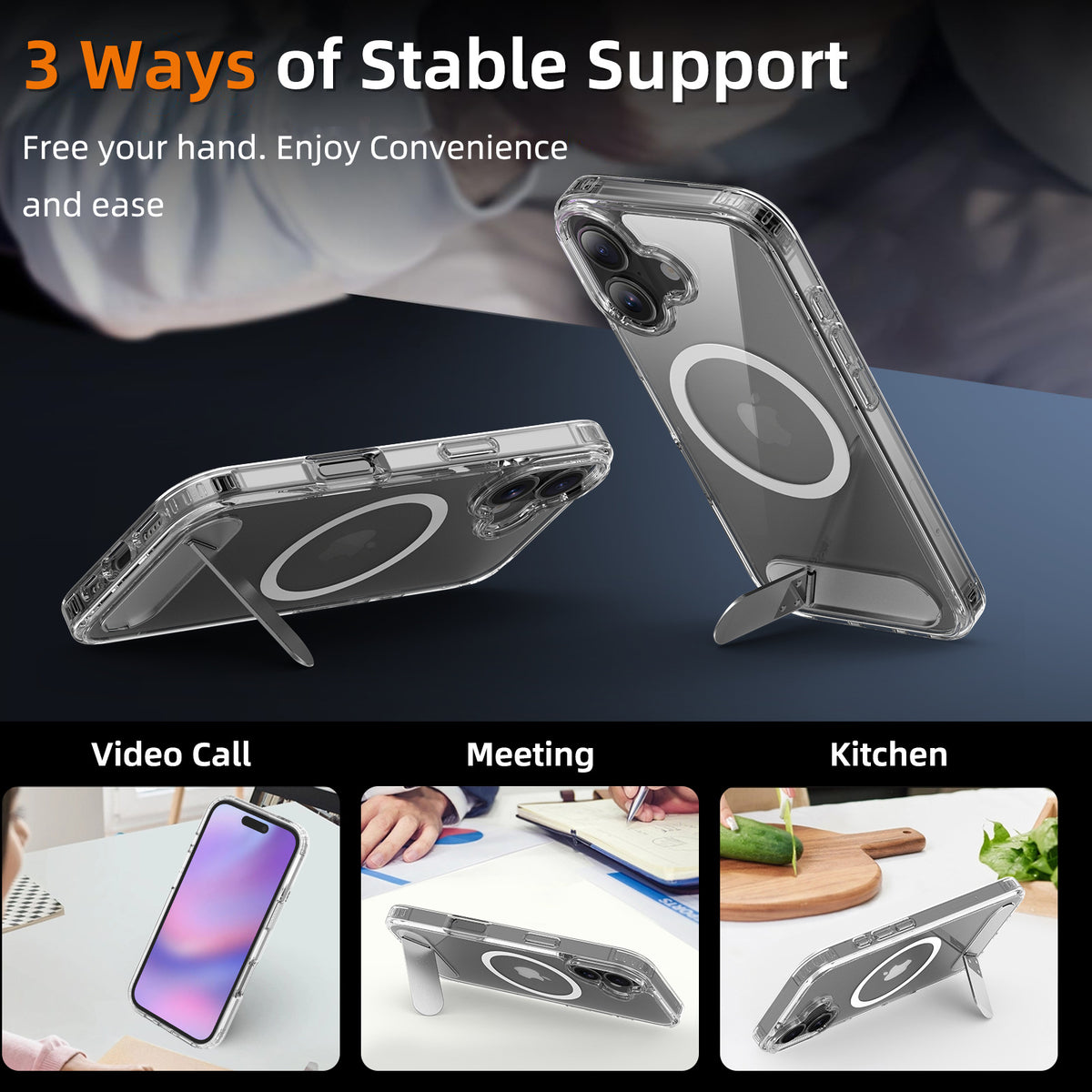 Sanfeng Magnetic Frosted Clear Phone Case with Invisible Kickstand, Anti-Fingerprint Shockproof TPU Cover for iPhone