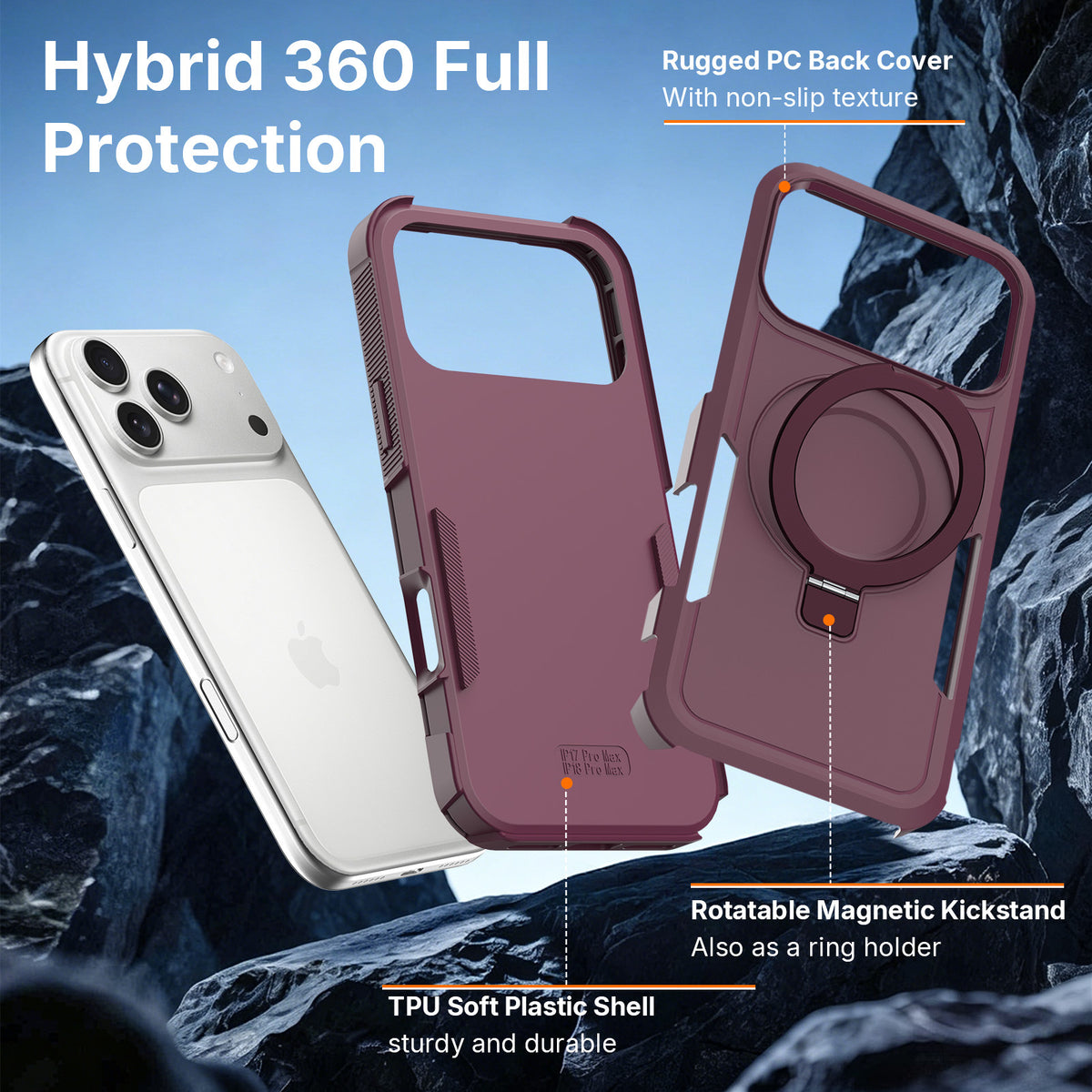 Magnetic Rotating Stand Case for iPhone 15 16 17 18 Pro Max, 2mm TPU Anti-Fall Protective Cover with Invisible Kickstand