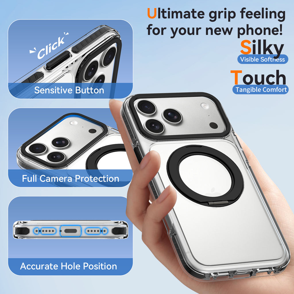 Silicone Anti-Fall Phone Case with Invisible Magnetic Lens Stand Compatible with iPhone 17, 16 & 15 Series, Two-Color Shockproof Cover