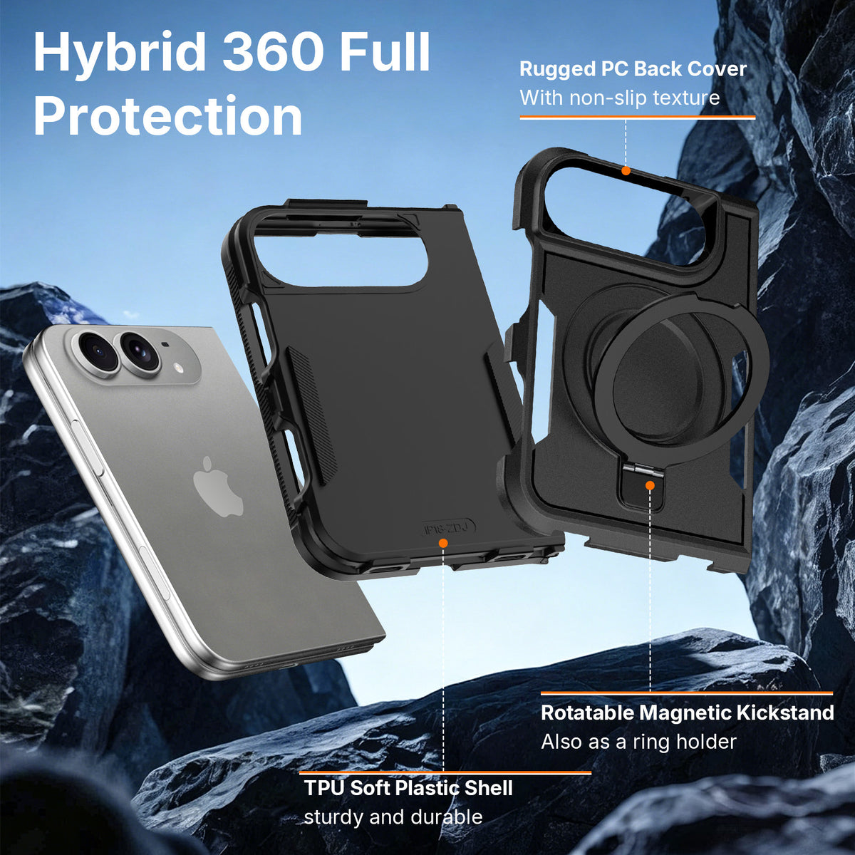 3-in-1 Magnetic Protective Case for iPhone 18 Duo with Built-in Invisible Kickstand, Shockproof Silicone Phone Cover
