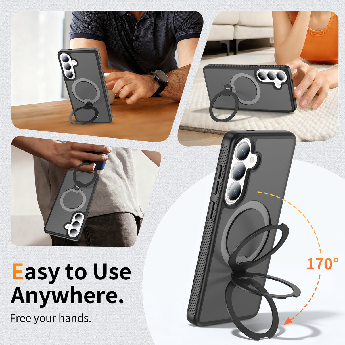 Magnetic Frosted Case with Rotating Ring Stand for Samsung Galaxy S25 S24 S23 Ultra Plus, Anti-Fingerprint Matte TPU Protective Cover