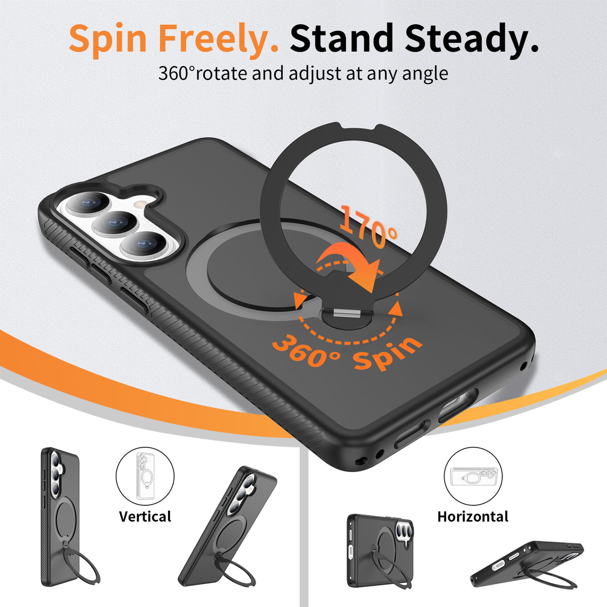 Magnetic Frosted Case with Rotating Ring Stand for Samsung Galaxy S25 S24 S23 Ultra Plus, Anti-Fingerprint Matte TPU Protective Cover