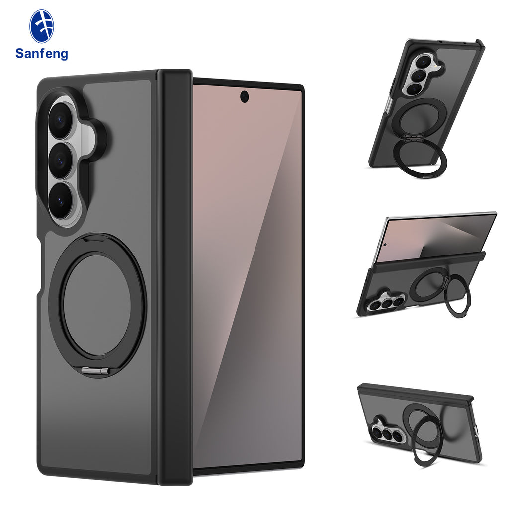 Sanfeng Magnetic Case Compatible with Samsung Galaxy Fold, 360-Degree Rotating Ring Stand Anti-Drop Matte Silicone Protective Cover