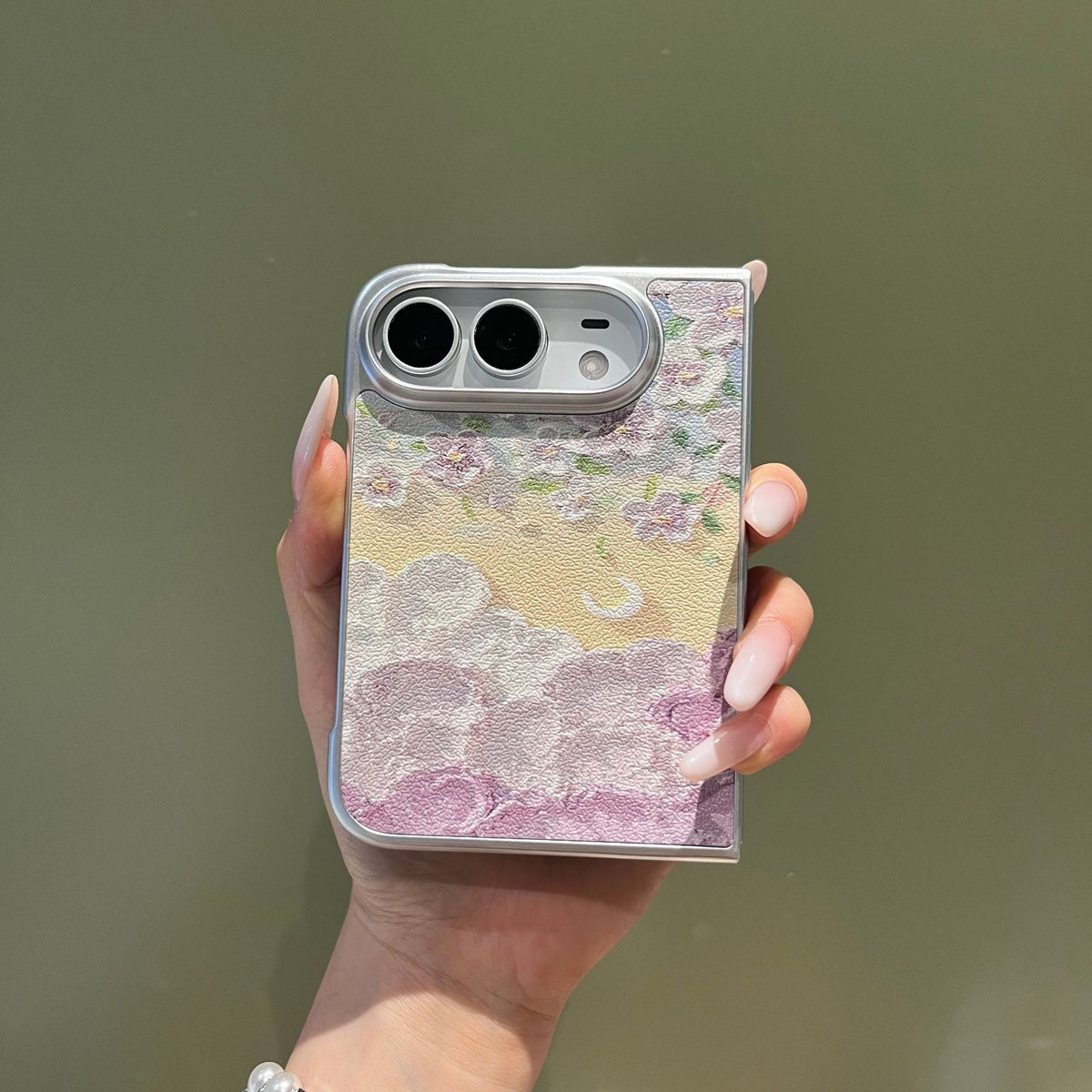 Ins-Style Floral Phone Case Compatible with iPhone, Oil Painting Moon Flowers Matte PC Protective Cover