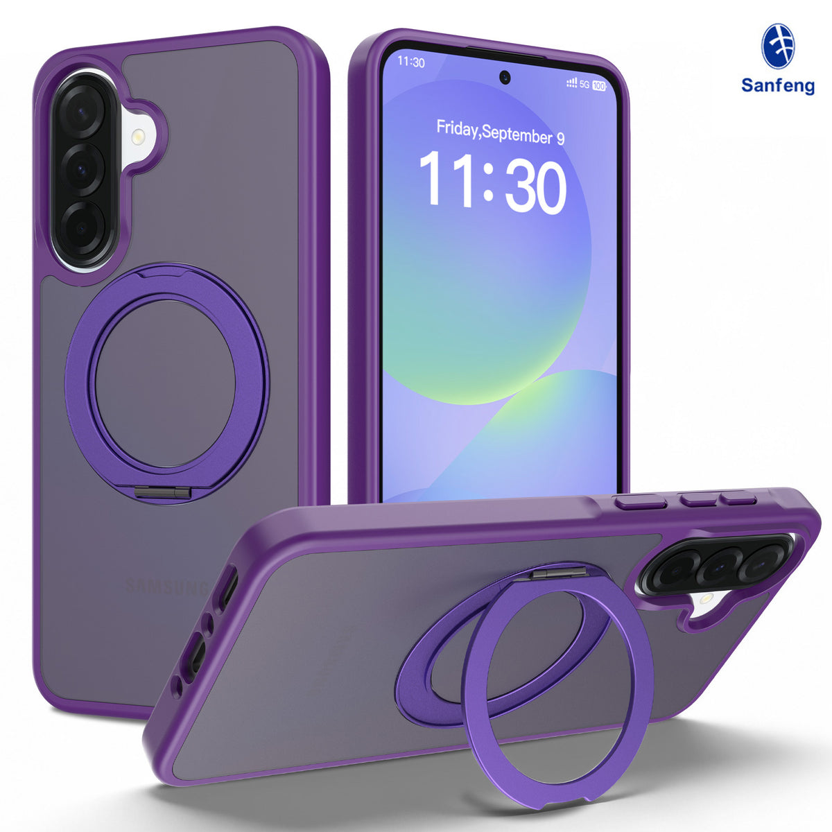Frosted Magnetic Phone Case with Rotating Ring Stand for Samsung Galaxy, Slim Silicone Protective Cover