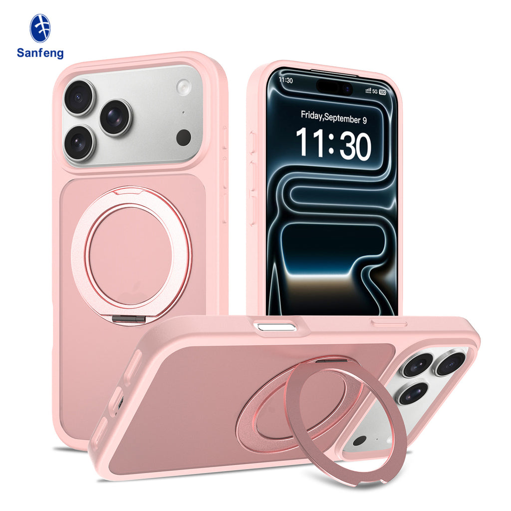Matte Magnetic Phone Case with 360-Degree Rotating Invisible Stand, Shockproof Protective Silicone Cover for iPhone 15, 16 & 17 Series