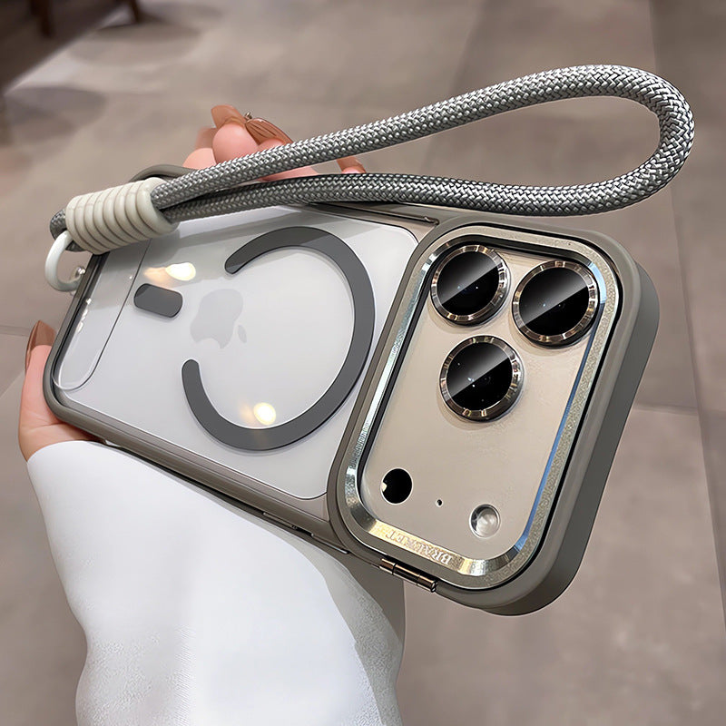 Magnetic Clear Phone Case with Metal Lens Kickstand and Matching Lanyard, Anti-Fingerprint Acrylic Hard Cover for iPhone 16 15 14 13 Series