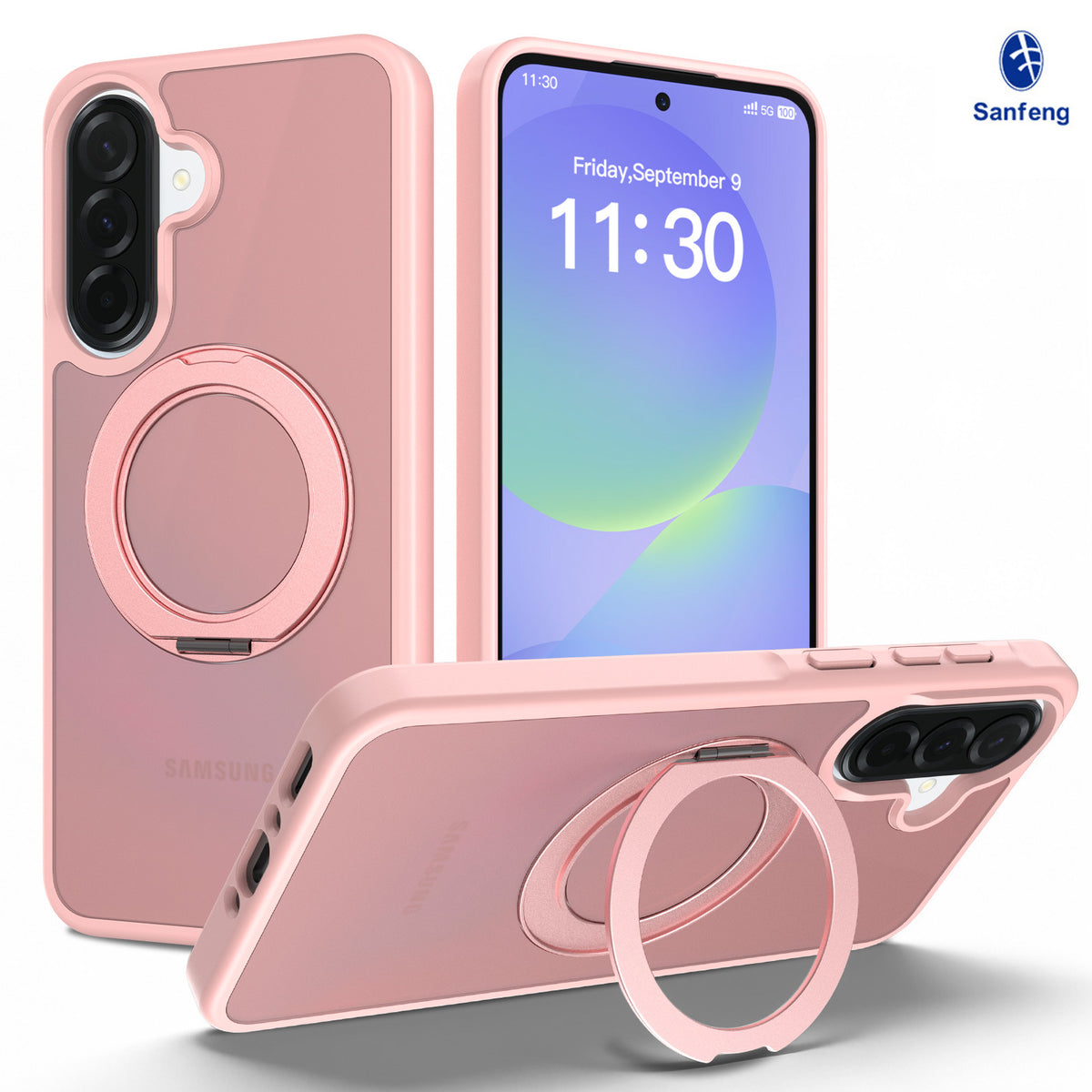 Frosted Magnetic Phone Case with Rotating Ring Stand for Samsung Galaxy, Slim Silicone Protective Cover
