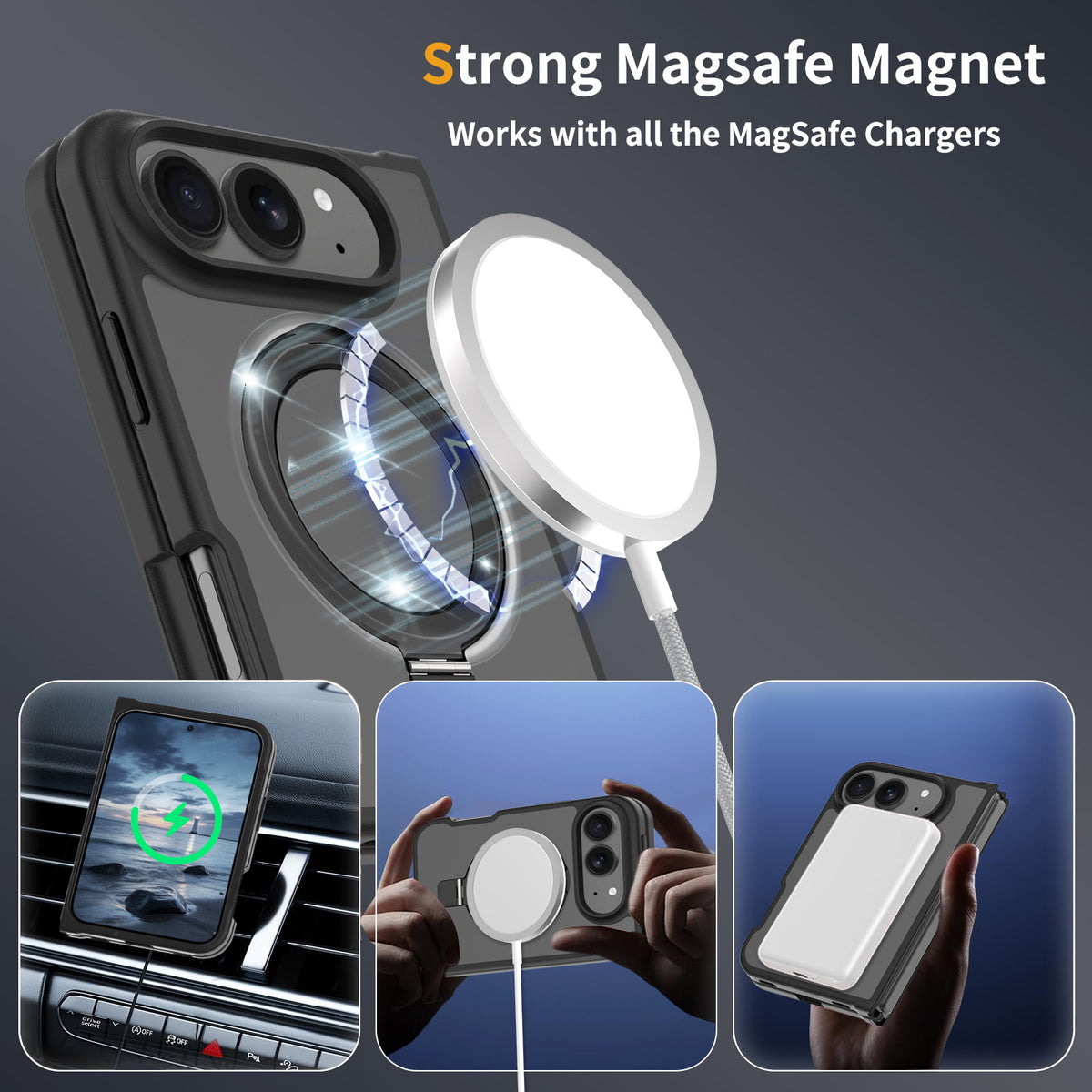 Magnetic Matte Phone Case for iPhone with Rotating Invisible Kickstand, Shockproof TPU Protective Cover