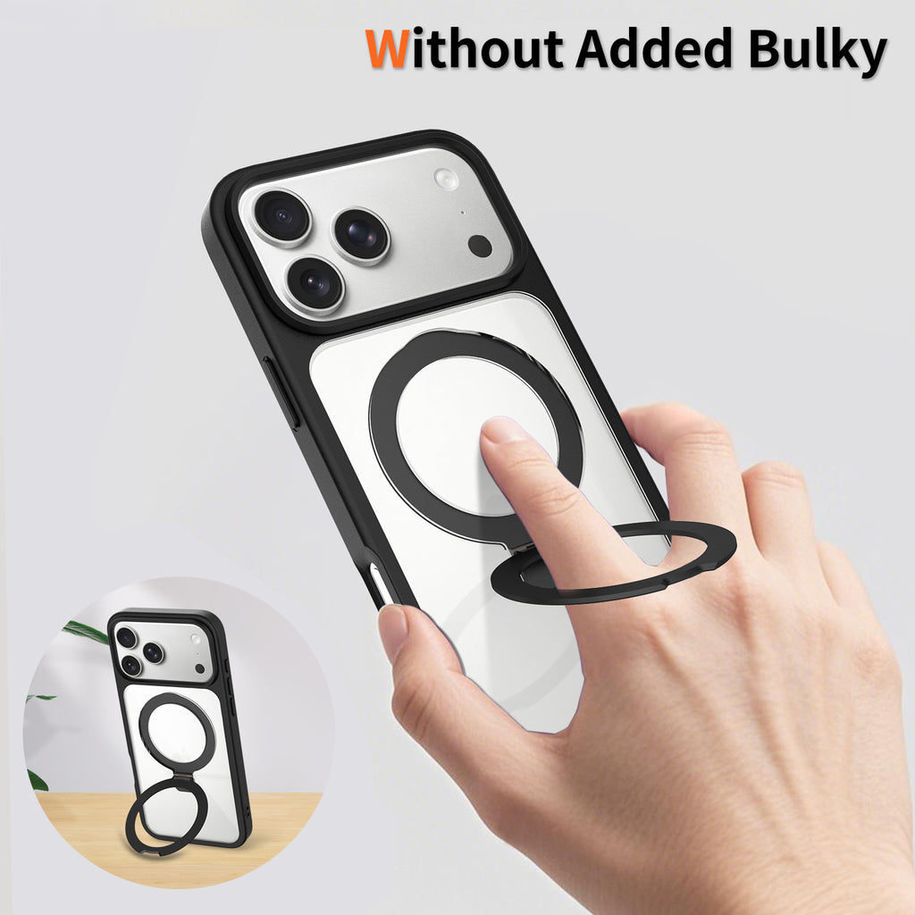 Transparent Magnetic Case with Kickstand for iPhone 17 Series, Shockproof Airbag TPU Cover with Anti-Fingerprint Finish (Clear + Orange)