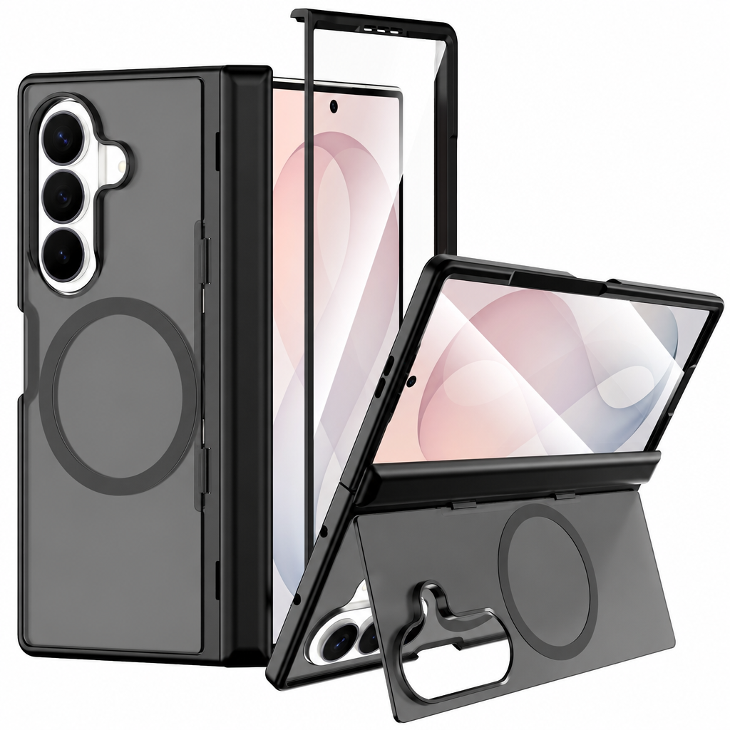 Magnetic Foldable Phone Case for Samsung Galaxy Z Fold with Built-in Spring Kickstand, Shockproof Silicone Protective Cover